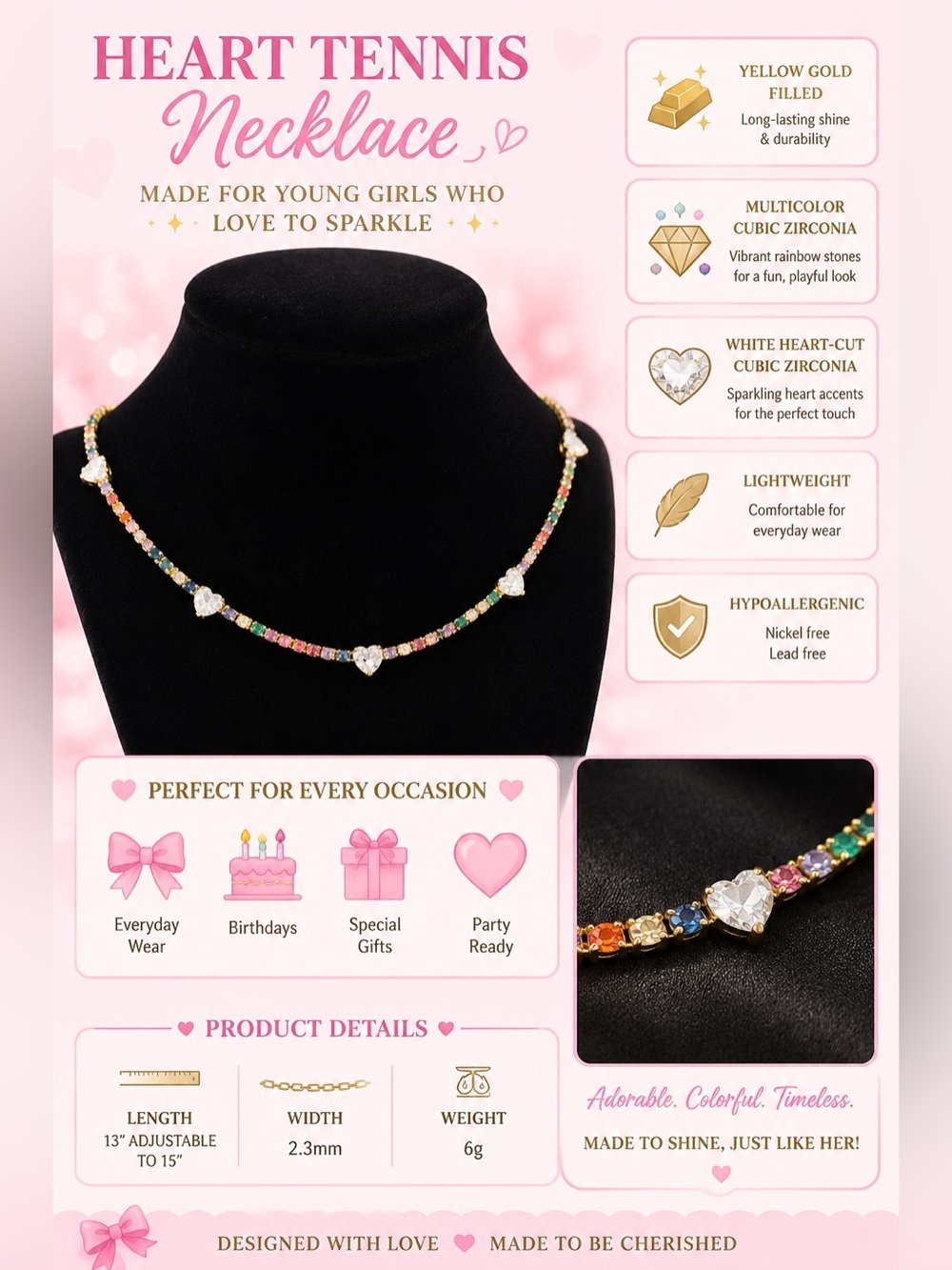 Pretty Bird Yellow Gold Heart Tennis CZ Necklace - Picture 3 of 10